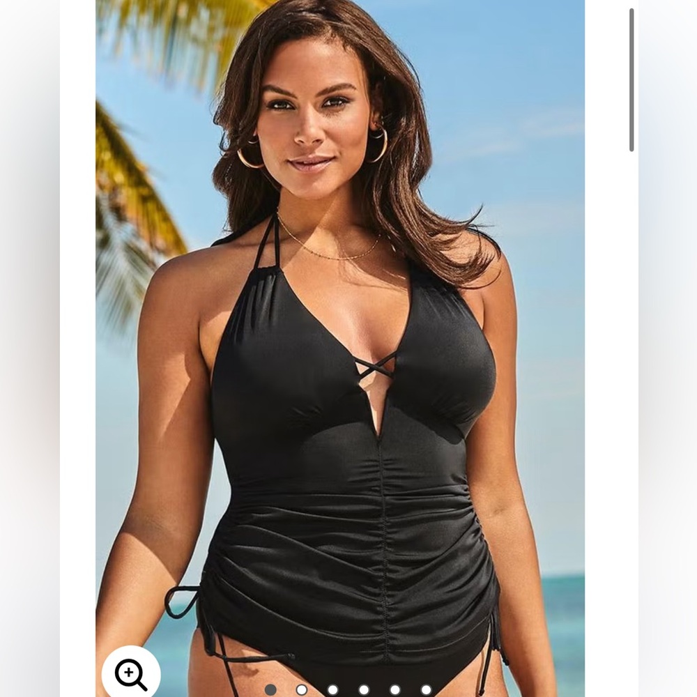 Swimsuits For All Ashley Graham Black Plunge Halter Hipster Brief Swimsuit Set